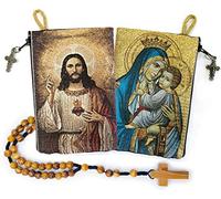 YXBZKGDCNG Chapelet avec chapelet en bois d'olivier en corde catholique d'Israël, Jésus roi de l'univers et I Believe in God Prayer en tissu tissé style tapisserie style sac de voyage, cadeau