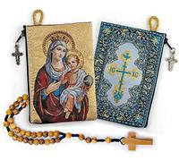 YXBZKGDCNG Chapelet avec chapelet en bois d'olivier en corde catholique d'Israël, Jésus roi de l'univers et I Believe in God Prayer en tissu tissé style tapisserie style sac de voyage, cadeau