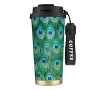 YXDVPALNE Adorable paon vert,Tasse à café isotherme en acier inoxydable 316 avec cordon, 500 ml, idéale pour les voyages en voiture
