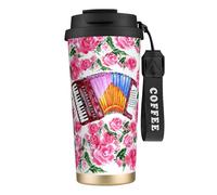 YXDVPALNE Aquarelle Fleur d'Accordéon Rose,Tasse à café isotherme en acier inoxydable 316 avec cordon, 500 ml, idéale pour les voyages en voiture