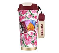 YXDVPALNE Aquarelle Fleur d'Accordéon Rose,Tasse à café isotherme en acier inoxydable 316 avec cordon, 500 ml, idéale pour les voyages en voiture