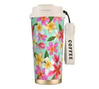 YXDVPALNE Aquarelle Fleurs Tropicales Floral Plumeria,Tasse à café isotherme en acier inoxydable 316 avec cordon, 500 ml, idéale pour les voyages en voiture