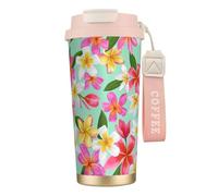 YXDVPALNE Aquarelle Fleurs Tropicales Floral Plumeria,Tasse à café isotherme en acier inoxydable 316 avec cordon, 500 ml, idéale pour les voyages en voiture
