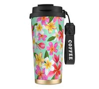 YXDVPALNE Aquarelle Fleurs Tropicales Floral Plumeria,Tasse à café isotherme en acier inoxydable 316 avec cordon, 500 ml, idéale pour les voyages en voiture