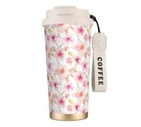 YXDVPALNE Aquarelle florale rose et violette,Tasse à café isotherme en acier inoxydable 316 avec cordon, 500 ml, idéale pour les voyages en voiture