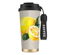 YXDVPALNE Aquarelle Fruits d'été Citrons Feuilles Slich,Tasse à café isotherme en acier inoxydable 316 avec cordon, 500 ml, idéale pour les voyages en voiture