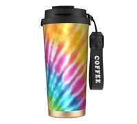 YXDVPALNE Arc-en-ciel coloré en spirale tie-dye,Tasse à café isotherme en acier inoxydable 316 avec cordon, 500 ml, idéale pour les voyages en voiture