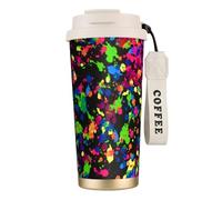 YXDVPALNE Arc-en-ciel d'éclaboussures de peinture néon,Tasse à café isotherme en acier inoxydable 316 avec cordon, 500 ml, idéale pour les voyages en voiture
