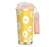 YXDVPALNE Aster blanc marguerite jaune,Tasse à café isotherme en acier inoxydable 316 avec cordon, 500 ml, idéale pour les voyages en voiture