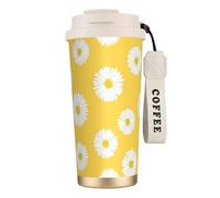 YXDVPALNE Aster blanc marguerite jaune,Tasse à café isotherme en acier inoxydable 316 avec cordon, 500 ml, idéale pour les voyages en voiture