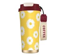 YXDVPALNE Aster blanc marguerite jaune,Tasse à café isotherme en acier inoxydable 316 avec cordon, 500 ml, idéale pour les voyages en voiture