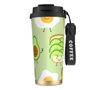 YXDVPALNE Avocat mignon, pain grillé et œuf frit,Tasse à café isotherme en acier inoxydable 316 avec cordon, 500 ml, idéale pour les voyages en voiture