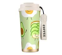 YXDVPALNE Avocat mignon, pain grillé et œuf frit,Tasse à café isotherme en acier inoxydable 316 avec cordon, 500 ml, idéale pour les voyages en voiture