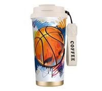 YXDVPALNE Basket-ball coloré croquis plaisir imprimé,Tasse à café isotherme en acier inoxydable 316 avec cordon, 500 ml, idéale pour les voyages en voiture