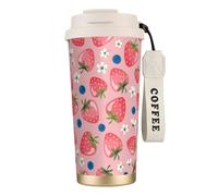 YXDVPALNE Belle fraise rose,Tasse à café isotherme en acier inoxydable 316 avec cordon, 500 ml, idéale pour les voyages en voiture
