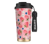 YXDVPALNE Belle fraise rose,Tasse à café isotherme en acier inoxydable 316 avec cordon, 500 ml, idéale pour les voyages en voiture