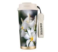 YXDVPALNE Belles fleurs de frangipanier blanc Wake Plumeria,Tasse à café isotherme en acier inoxydable 316 avec cordon, 500 ml, idéale pour les voyages en voiture