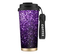 YXDVPALNE Belles paillettes violettes,Tasse à café isotherme en acier inoxydable 316 avec cordon, 500 ml, idéale pour les voyages en voiture