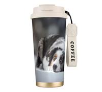 YXDVPALNE Berger Australien Hiver Neige Blanc Gris Chiens,Tasse à café isotherme en acier inoxydable 316 avec cordon, 500 ml, idéale pour les voyages en voiture