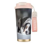 YXDVPALNE Berger Australien Hiver Neige Blanc Gris Chiens,Tasse à café isotherme en acier inoxydable 316 avec cordon, 500 ml, idéale pour les voyages en voiture