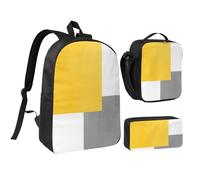 YXDVPALNE Bloc géométrique jaune gris blanc,Ensemble de 3 sacs à dos, sac à lunch et trousse pour étudiant