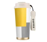 YXDVPALNE Bloc géométrique jaune gris blanc,Tasse à café isotherme en acier inoxydable 316 avec cordon, 500 ml, idéale pour les voyages en voiture