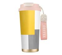 YXDVPALNE Bloc géométrique jaune gris blanc,Tasse à café isotherme en acier inoxydable 316 avec cordon, 500 ml, idéale pour les voyages en voiture