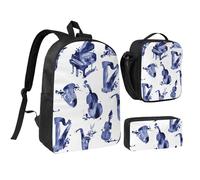 YXDVPALNE Blues Saxophone Piano Violoncelle Basse,Ensemble de 3 sacs à dos, sac à lunch et trousse pour étudiant