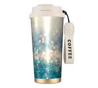 YXDVPALNE Bokeh bleu doré à pois pailletés,Tasse à café isotherme en acier inoxydable 316 avec cordon, 500 ml, idéale pour les voyages en voiture