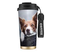 YXDVPALNE Border Collie brun Bokeh Dieu aux yeux jaunes,Tasse à café isotherme en acier inoxydable 316 avec cordon, 500 ml, idéale pour les voyages en voiture