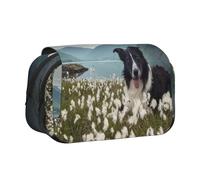 YXDVPALNE Border Collie Chiens Animaux de Compagnie Prairies Black Border Trousse à Crayons Portable à Double Coque avec Fermeture éclair