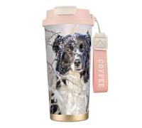 YXDVPALNE Border Collie Hiver Neige Blanc Noir Chiens,Tasse à café isotherme en acier inoxydable 316 avec cordon, 500 ml, idéale pour les voyages en voiture