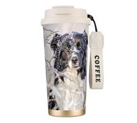 YXDVPALNE Border Collie Hiver Neige Blanc Noir Chiens,Tasse à café isotherme en acier inoxydable 316 avec cordon, 500 ml, idéale pour les voyages en voiture