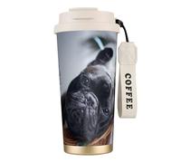YXDVPALNE Bouledogue français Mall Chiens noirs Animaux de compagnie,Tasse à café isotherme en acier inoxydable 316 avec cordon, 500 ml, idéale pour les voyages en voiture