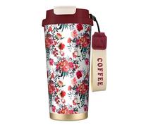 YXDVPALNE Bouquets floraux chics et lumineux de couleur rouge marine,Tasse à café isotherme en acier inoxydable 316 avec cordon, 500 ml, idéale pour les voyages en voiture