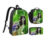 YXDVPALNE Cavalier King Charles Spaniel Chien Fleurs de lupin,Ensemble de 3 sacs à dos, sac à lunch et trousse pour étudiant