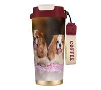 YXDVPALNE Cavalier King Charles Spaniel Chiens Blanc Brun,Tasse à café isotherme en acier inoxydable 316 avec cordon, 500 ml, idéale pour les voyages en voiture