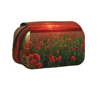YXDVPALNE Champ de Coquelicots Rouges au Coucher du Soleil imprimé Trousse à Crayons Portable à Double Coque avec Fermeture éclair