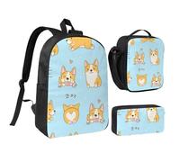 YXDVPALNE Chien mignon Corgi Kawaii,Ensemble de 3 sacs à dos, sac à lunch et trousse pour étudiant