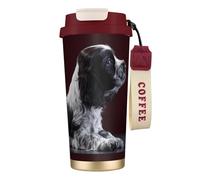 YXDVPALNE Chiot Cocker Spaniel Épagneul noir et blanc,Tasse à café isotherme en acier inoxydable 316 avec cordon, 500 ml, idéale pour les voyages en voiture