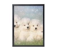 YXDVPALNE Chiots Samoyèdes Chiens Blancs Famille Petit Samoyède,Impressions d'art mural, cadre noir, peinture décorative à suspendre pour la maison, 30 x 40 cm