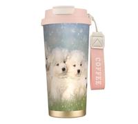 YXDVPALNE Chiots Samoyèdes Chiens Blancs Famille Petit Samoyède,Tasse à café isotherme en acier inoxydable 316 avec cordon, 500 ml, idéale pour les voyages en voiture