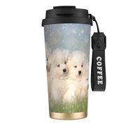 YXDVPALNE Chiots Samoyèdes Chiens Blancs Famille Petit Samoyède,Tasse à café isotherme en acier inoxydable 316 avec cordon, 500 ml, idéale pour les voyages en voiture