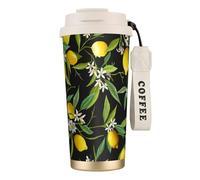 YXDVPALNE Citron et fleur,Tasse à café isotherme en acier inoxydable 316 avec cordon, 500 ml, idéale pour les voyages en voiture
