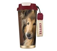 YXDVPALNE Colley à poil long, chiens Lassie, gros chiens duveteux, animaux de compagnie,Tasse à café isotherme en acier inoxydable 316 avec cordon, 500 ml, idéale pour les voyages en voiture