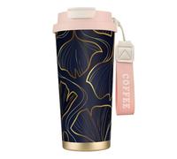 YXDVPALNE Dégradé doré linéaire avec feuilles de ginkgo biloba,Tasse à café isotherme en acier inoxydable 316 avec cordon, 500 ml, idéale pour les voyages en voiture