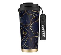YXDVPALNE Dégradé doré linéaire avec feuilles de ginkgo biloba,Tasse à café isotherme en acier inoxydable 316 avec cordon, 500 ml, idéale pour les voyages en voiture