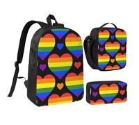 YXDVPALNE Drapeau de la fierté gaie avec des cœurs arc-en-ciel,Ensemble de 3 sacs à dos, sac à lunch et trousse pour étudiant