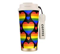 YXDVPALNE Drapeau de la fierté gaie avec des cœurs arc-en-ciel,Tasse à café isotherme en acier inoxydable 316 avec cordon, 500 ml, idéale pour les voyages en voiture
