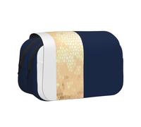 YXDVPALNE Élégant Accent de Rayures Blanches Bleu Marine en Faux Or Trousse à Crayons Portable à Double Coque avec Fermeture éclair